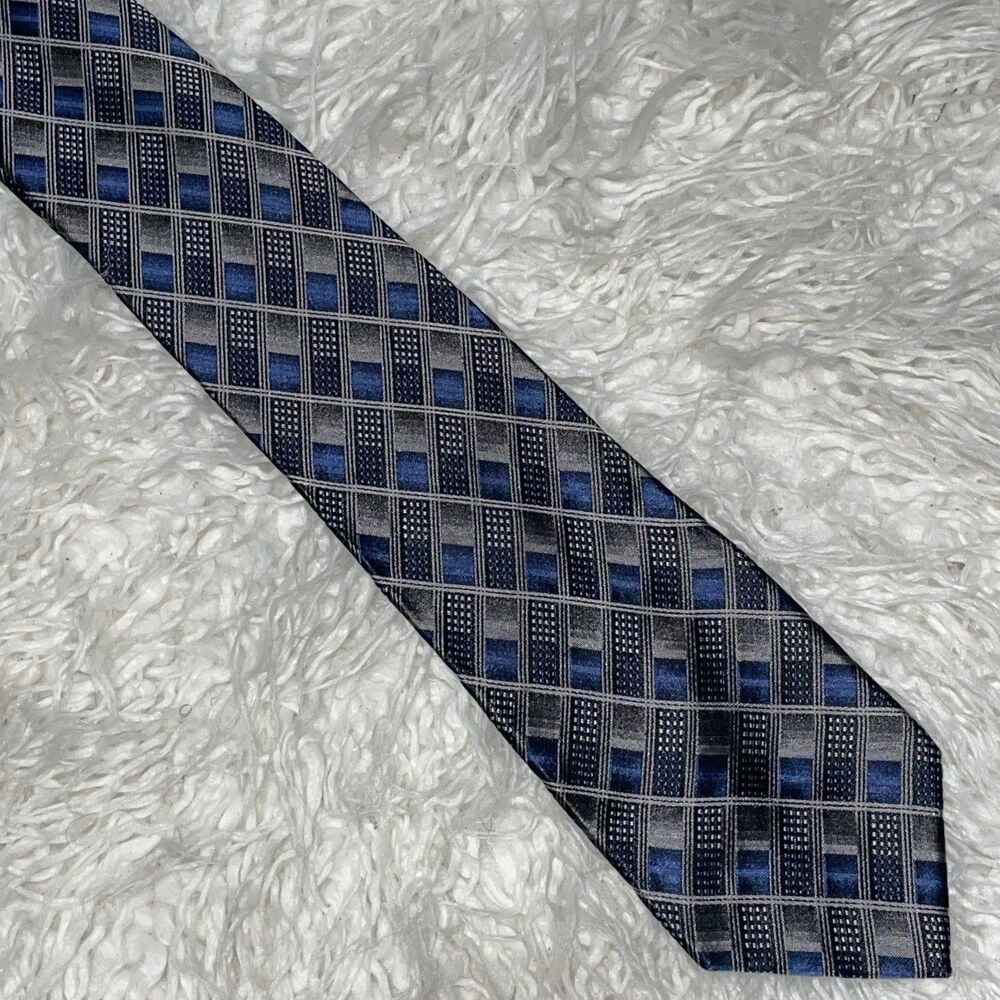 PLATINUM DESIGNS  - 100% SILK NECKTIE - BLUE WITH SILVER AND GRAY ACCENTS